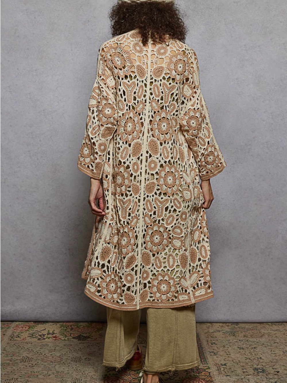 NWT POL Bohemian Mocha Crochet Long Duster Cardigan One Size